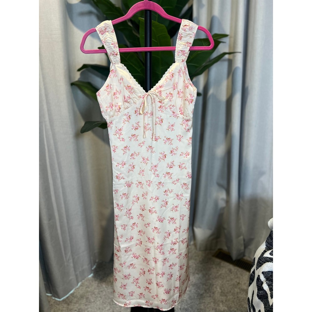 Monteau Los Angeles Pink Floral Satin Midi Slip Dress Cream Lace Trim XS